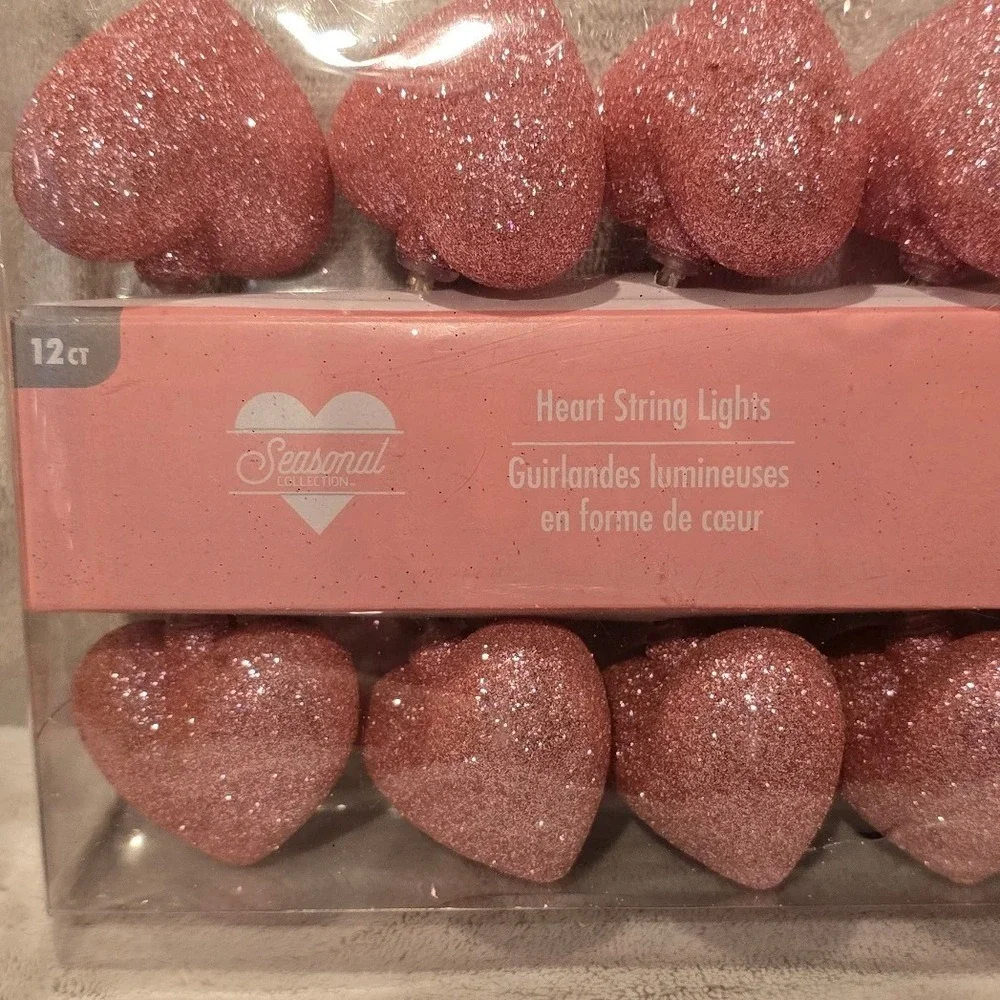 Seasonal Collection Pink Glitter Heart String Lights 12ct LED Battery Operated